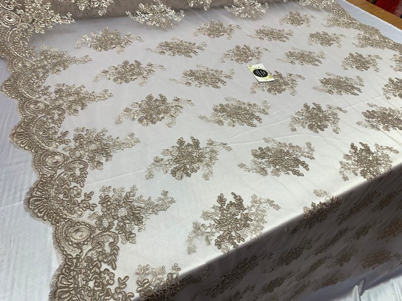 Light Brown LACITYFABRIC Elegant FlowerFloral Mesh Lace French Design,Embroidery Lace Fabric By The Yard For Tablecloths Wedding Dresses