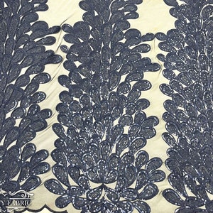 Navy Blue Feather Sequin Lace Fabric Sold by 3 Panels | Embroidery Peacock Vegas Design | 56” wide | Wedding Dress