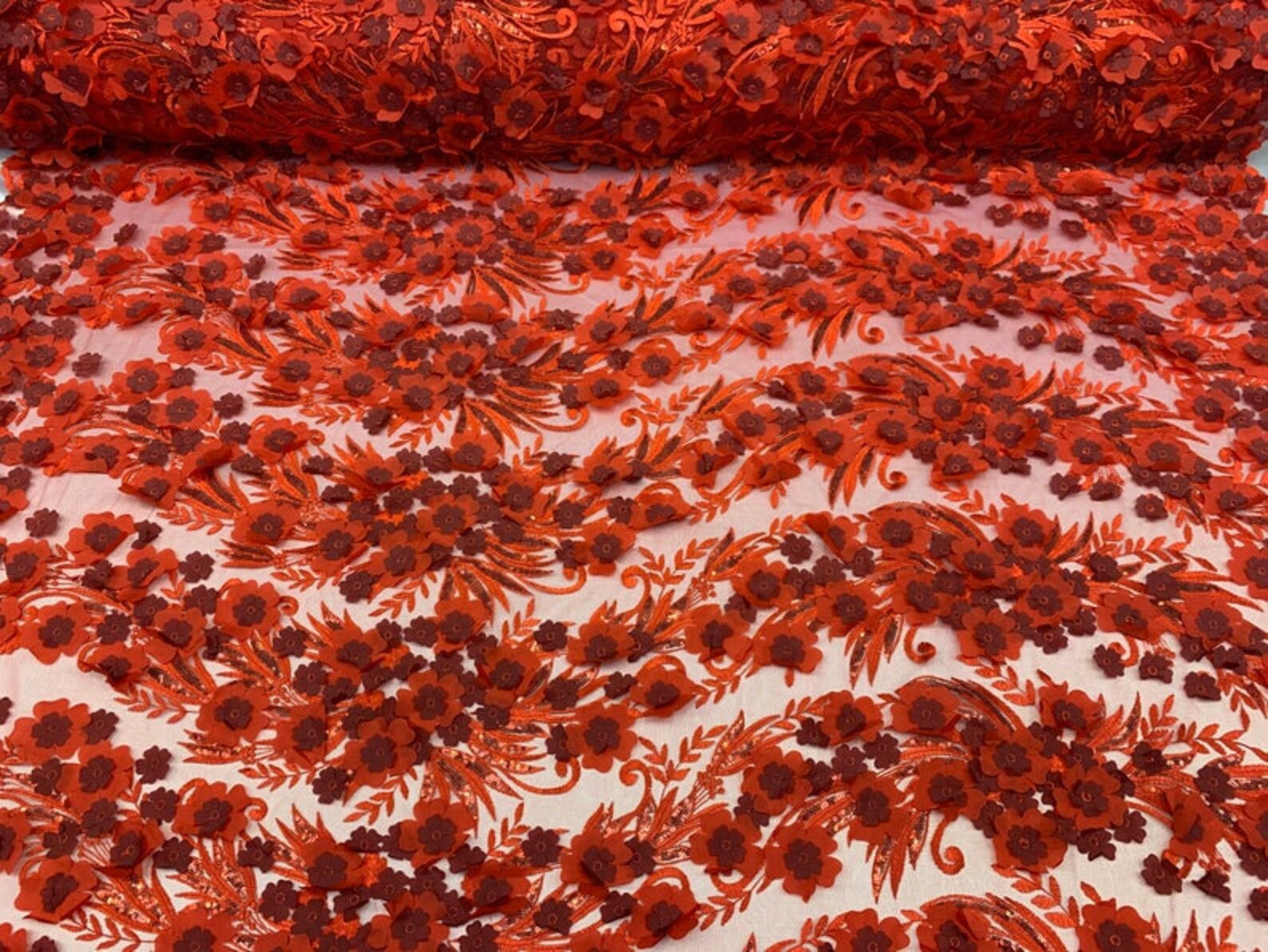 Lacityfabric///red//mesh 3D Flowers Fabric Lace Fabric by the Yard/sequins Flowers Embroidery