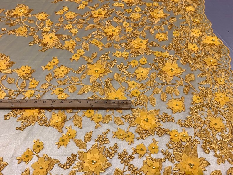 HIGH QUALITY Beaded Lace Embroidery Mesh Lace Fabric By The Yard Handmade Floral Lace 3D Flowers Design With Beads And Pearls Yellow .