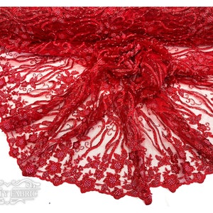 Red Lace Fabric By The Yard | Heavy Handmade Beaded Fabric | Floral Lace Fabric | Embroidered Sequin Fabric on Mesh