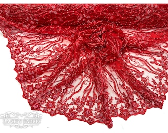 Tela de encaje rojo cortada a medida / Tela pesada hecha a mano con cuentas / Tela de encaje floral / Tela de lentejuelas bordadas en malla