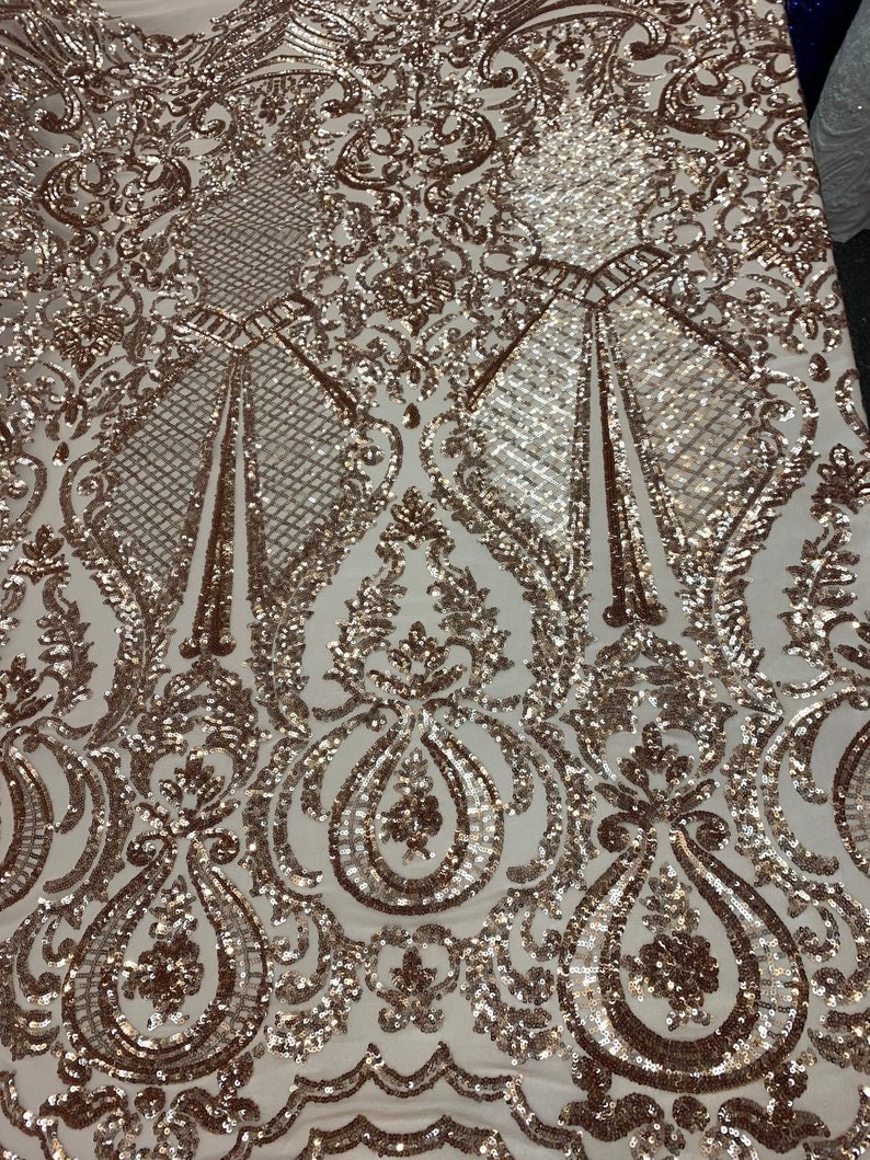 NEW ITALIAN DesignChampagneSequins Mesh Lace Fabric ByThe Yard4 Way Stretch Sequins Geometric Iridescent On A Blush MeshdressTablecloth