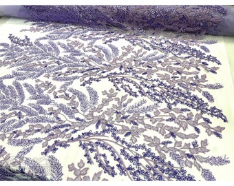 Lavender Floral Lace Fabric Beaded Fabric with Sequin Embroidery Mesh Fabric By The Yard | For Wedding Dress, night gowns