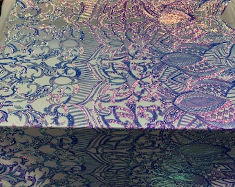 LACITYFABRIC Geometric French Design Sequins 4 way Stretch (Sage/Lilac/Purple) Blush Mesh Lace Embroidery Fabric by the Yard Iridescent Gown
