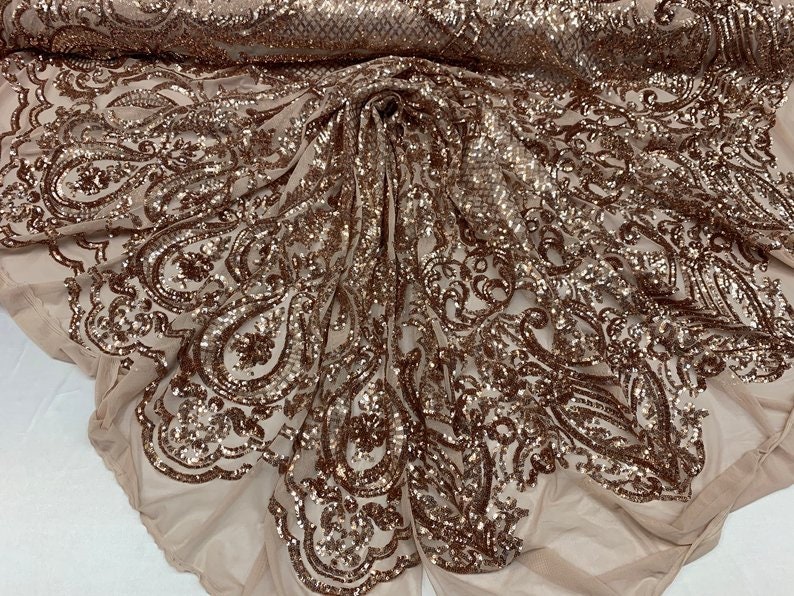 NEW ITALIAN DesignChampagneSequins Mesh Lace Fabric ByThe Yard4 Way Stretch Sequins Geometric Iridescent On A Blush MeshdressTablecloth