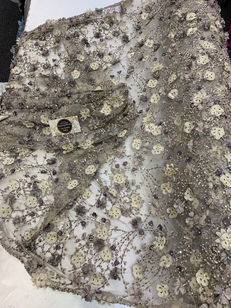 Gray Beaded Faux Pearls FloralFlowers Embroidered Mesh Beaded Lace Handmade Design Fabric IvoryMauve Night gownsProm Dresses By The Yard