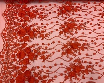 ELEGANT/Embroidered//RED///Handmade 3D Flowers Mesh Lace Fabric By The Yard/Floral Lace/Veil/Gowns/Prom-Wedding Dresses/Tablecloths