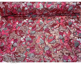 Tela de lentejuelas elástica pesada con flores rosas cortadas a medida / Tela de encaje bordada floral / Tela de malla de spandex