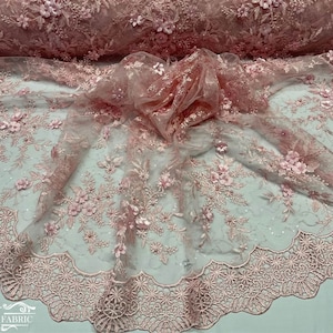 Luxury 3D Flowers Floral Lace Fabric By The Yard | Pink Beaded Fabric On Mesh | 50” Width | Embroidery Beaded Fabric With Sequin Mesh