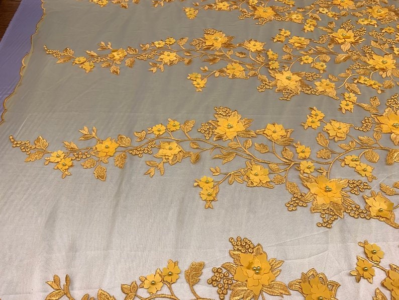 HIGH QUALITY Beaded Lace Embroidery Mesh Lace Fabric By The Yard Handmade Floral Lace 3D Flowers Design With Beads And Pearls Yellow .