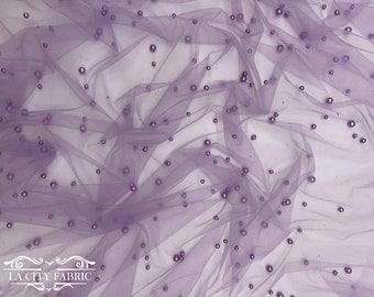 Lavender Pearls Tulle Lace Fabric | By The Yard | Beaded Pearls Fabric | 58’’ Wide | Embroidery Lace for Dresses, and Decorations