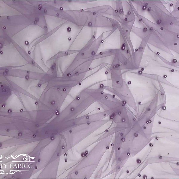 Lavender Pearls Tulle Lace Fabric | By The Yard | Beaded Pearls Fabric | 58’’ Wide | Embroidery Lace for Dresses, and Decorations