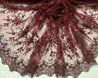 Luxury 3D Flowers Floral Lace Fabric By The Yard | Burgundy Beaded Fabric On Mesh | 50” Width | Embroidery Beaded Fabric with Sequin on Mesh