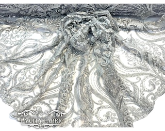 Silver Lace Sequin Beaded Fabric By The Yard | Mesh Embroidered Handmade Lace Dress Fabric