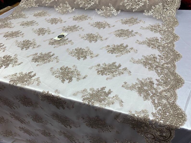 Light Brown LACITYFABRIC Elegant FlowerFloral Mesh Lace French Design,Embroidery Lace Fabric By The Yard For Tablecloths Wedding Dresses