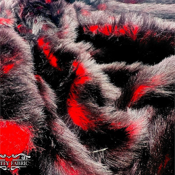 Two Tone Red Black Luxury Faux Fur Fabric By the Yard | Soft and thick Faux Fur Fabric