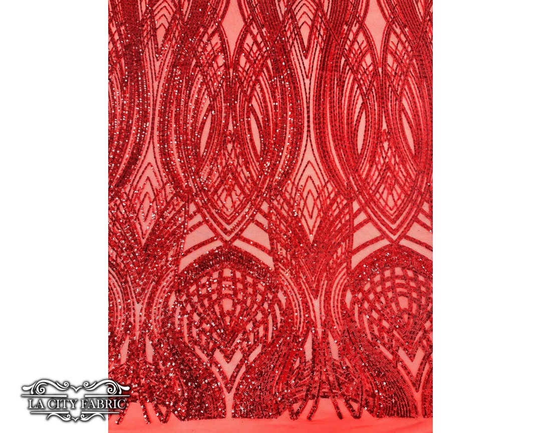 Red Sequin Fabric by the Yard Lace Fabric on Red Mesh Geometric