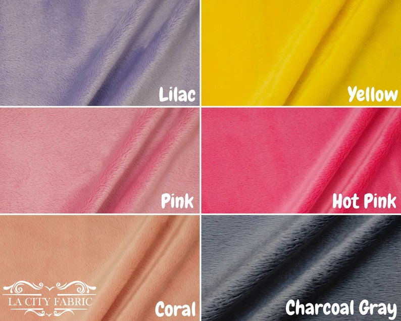 May include: Six fabric swatches in different colors: lilac, yellow, pink, hot pink, coral, and charcoal gray. The fabric is soft and fuzzy.