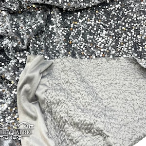 Gray | Spandex Velvet Sequin Fabric | 2 Way Stretch Fabric | Embroidery Sequin On a Velvet Fabric | Shiny Sequin
