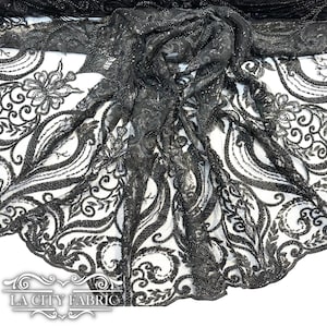 Black Lace Sequin Beaded Fabric By The Yard | Mesh Embroidered Handmade Lace Dress Fabric