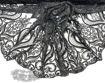 Black Lace Sequin Beaded Fabric By The Yard | Mesh Embroidered Handmade Lace Dress Fabric