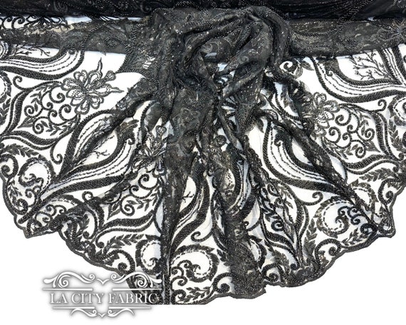 Black Lace Sequin Beaded Fabric by the Yard | Mesh Embroidered Handmade Lace Dress Fabric - Etsy Black Lace Sequin Beaded Fabric by the Yard | Mesh Embroidered Handmade Lace Dress Fabric - Etsy