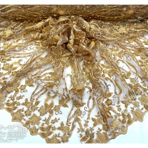 Gold Lace Fabric By The Yard | Heavy Handmade Beaded Fabric | Floral Lace Fabric | Embroidered Sequin Fabric on Mesh