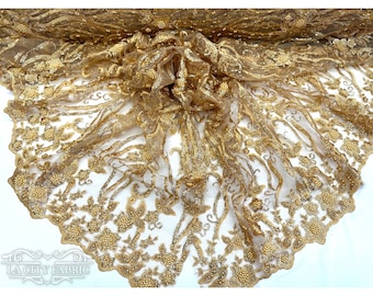 Gold Lace Fabric By The Yard | Heavy Handmade Beaded Fabric | Floral Lace Fabric | Embroidered Sequin Fabric on Mesh