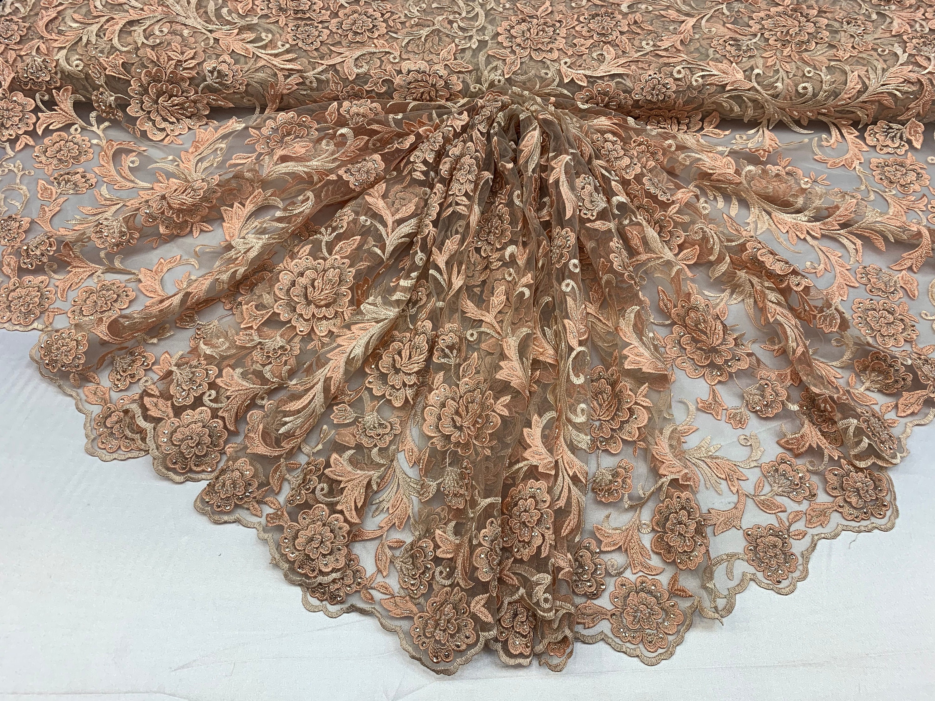 Lace Beaded Mesh Embroidery Fabric By The Yard Hand Made Lace Floral/Flower Design (Peach Blush)Top Veil Fashion Wedding Prom Dress One Yard