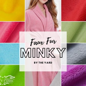 May include: A variety of colors of faux fur fabric, including yellow, pink, red, green, blue, gray, and purple. The fabric is soft and plush, and it is perfect for making blankets, pillows, and other home decor items. The text "Faux Fur Minky By The Yard" is displayed on the image.