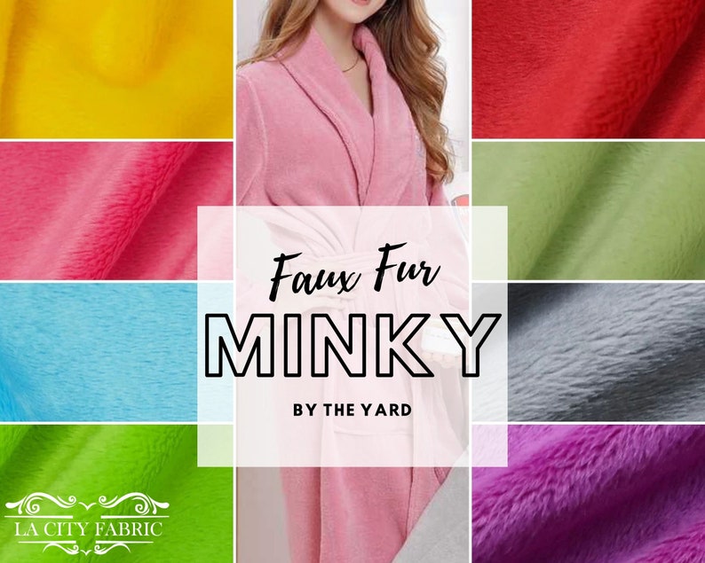 May include: A variety of colors of faux fur fabric, including yellow, pink, red, green, blue, gray, and purple. The fabric is soft and plush, and it is perfect for making blankets, pillows, and other home decor items. The text "Faux Fur Minky By The Yard" is displayed on the image.