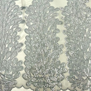 Silver Feather Sequin Lace Fabric Sold by 3 Panels | Embroidery Peacock Vegas Design | 56” wide | Wedding Dress