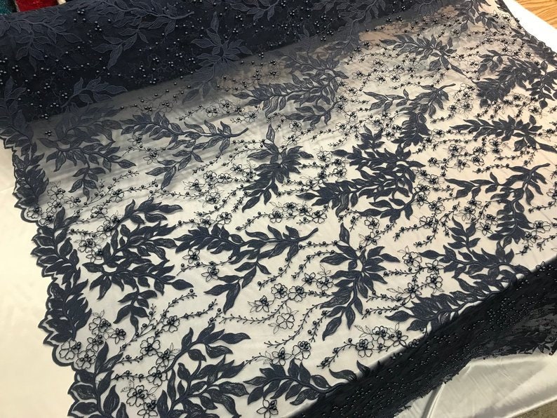 LACITYFABRIC Floral Beaded Mesh LaceNavy BlueEmbroider Lace Fabric By The YardFlower Mesh Bridal Dress LacePromNightgownTablecloths