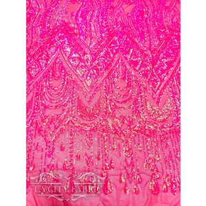 Geometric Neon Fuchsia 4 Way stretch Sequin Fabric By The Yard | Embroidered Lace Mesh Fabric | African Design