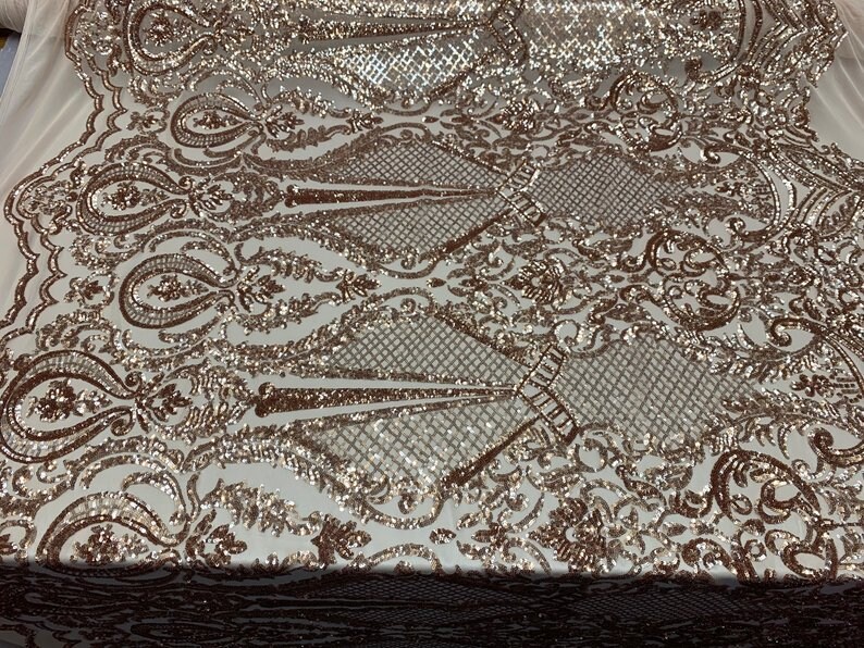 NEW ITALIAN DesignChampagneSequins Mesh Lace Fabric ByThe Yard4 Way Stretch Sequins Geometric Iridescent On A Blush MeshdressTablecloth