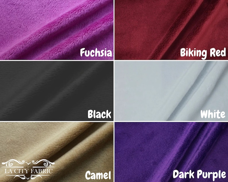 May include: Six fabric swatches in different colors: fuchsia, biking red, black, white, camel, and dark purple. The swatches are arranged in a grid pattern.