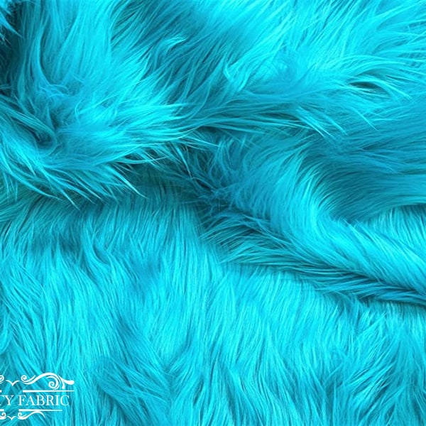 Charlotte Shaggy Faux Fur Fabric By The Yard | Turquoise Long Pile Faux Fur Fabric 60” Wide Ultra Soft Fur Fabric