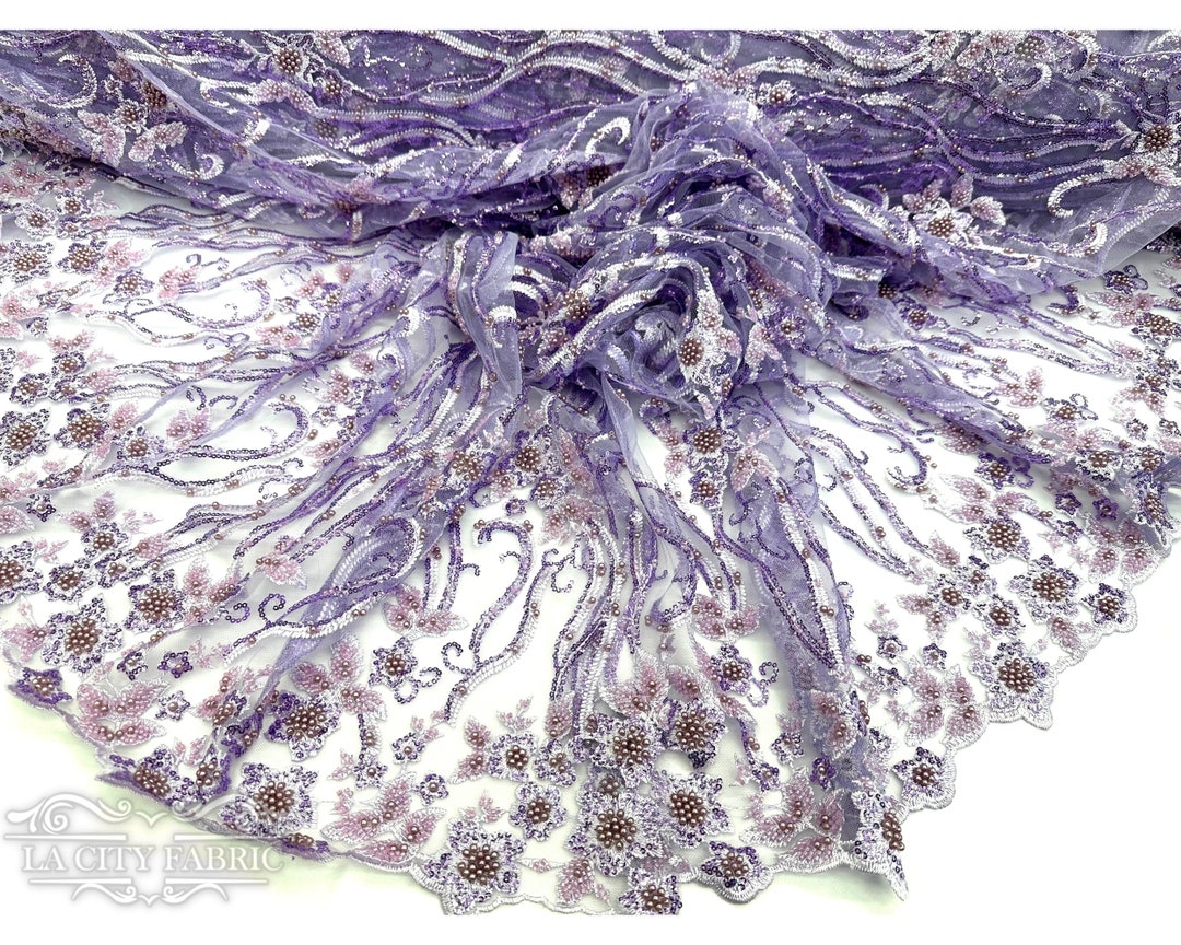 Bright Blue, Lavender, Dusty Pink & Cream Scalloped Lace Print Fabric main image 0