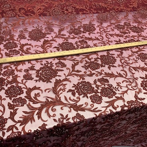 Lace Beaded Mesh Embroidery Fabric By The Yard Hand Made Lace Floral/Flower Design (Burgundy) Top Veil Fashion Wedding Prom Dress One Yard