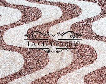 Wavy Rose Gold White on Rose Gold Stretch Sequin Fabric on Spandex Stretch Velvet Fabric By The Yard for Dress, prom Dress, night Gowns