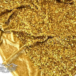 Gold | Spandex Velvet Sequin Fabric | 2 Way Stretch Fabric | Embroidery Sequin On a Velvet Fabric | Shiny Sequin