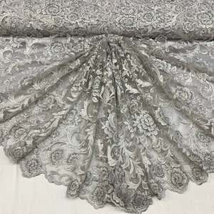 Lace Beaded Mesh Embroidery Fabric By The Yard Hand Made Lace Floral/Flower Design (White) Top Veil Fashion Wedding Prom Dress One Yard