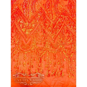 Geometric Neon Orange 4 Way stretch Sequin Fabric By The Yard | Embroidered Lace Mesh Fabric | African Design