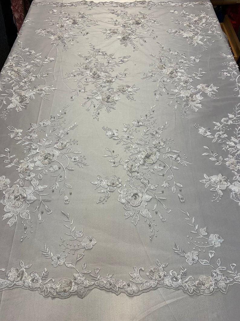 LACITYFABRIC luxuriousWhite3D FloralFlowers Beaded Mesh Lace Handmade Embroidery Fabric By The YardProm DressNight GownsTablecloths