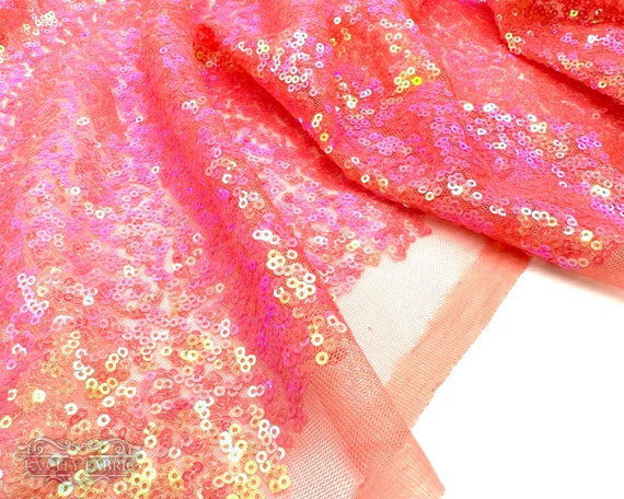 Sequined Strawberry On Pink Mesh Fabric