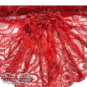 Red Lace Sequin Beaded Fabric By The Yard | Mesh Embroidered Handmade Lace Dress Fabric