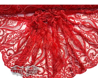 Tela con cuentas de lentejuelas de encaje rojo cortada a medida/tela de vestido de encaje hecha a mano bordada de malla