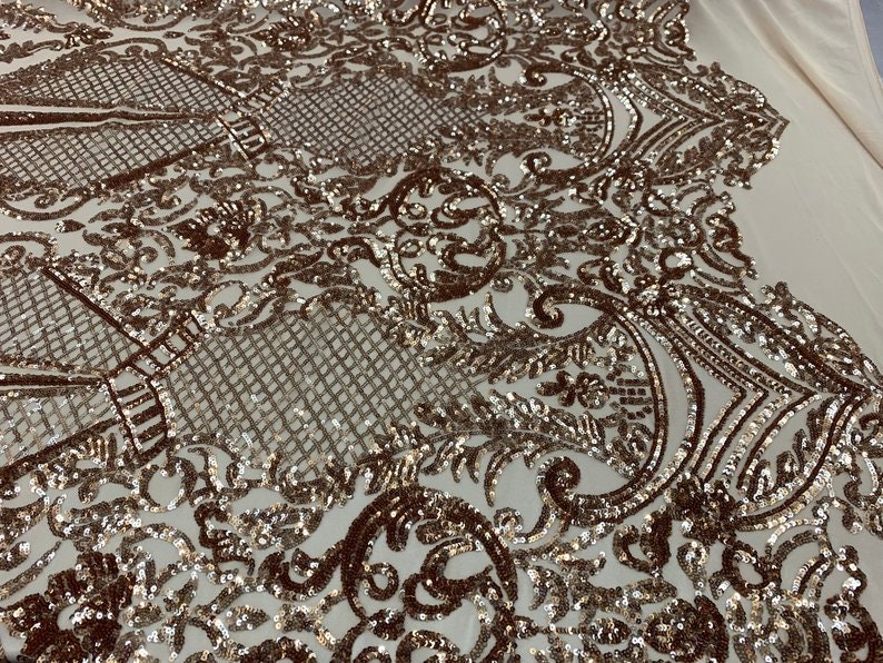 NEW ITALIAN DesignChampagneSequins Mesh Lace Fabric ByThe Yard4 Way Stretch Sequins Geometric Iridescent On A Blush MeshdressTablecloth