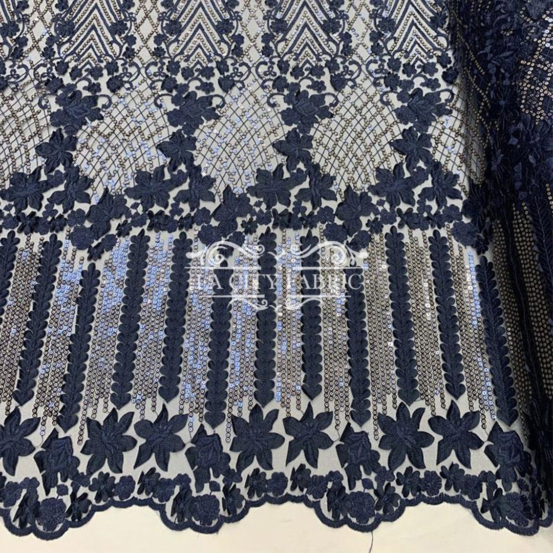 New Navy Blue Embroidery Floral Lace Fabric by the Yard _ 3D Flowers ...